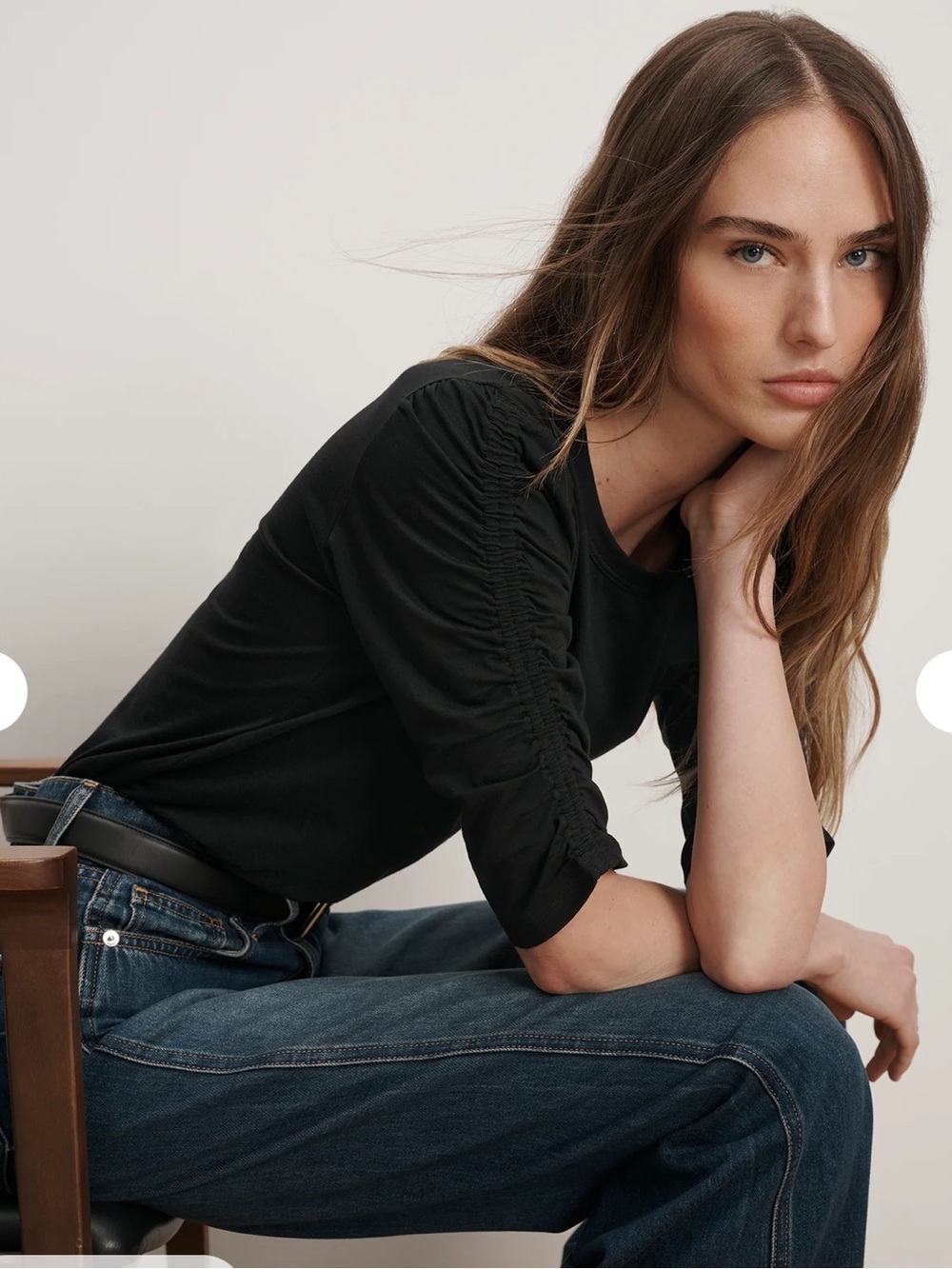 Veronica Beard Waldorf Ruched-Sleeve T-Shirt in Black